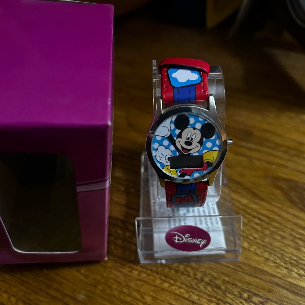 Disney Red and Blue Leather-Strap Wristwatch